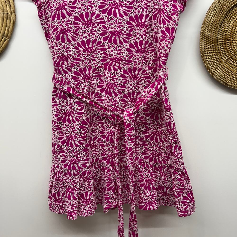 LOFT Pink White Short Mini Dress 12 Belted Removable Belt Embroidered V-Neck - Picture 5 of 7